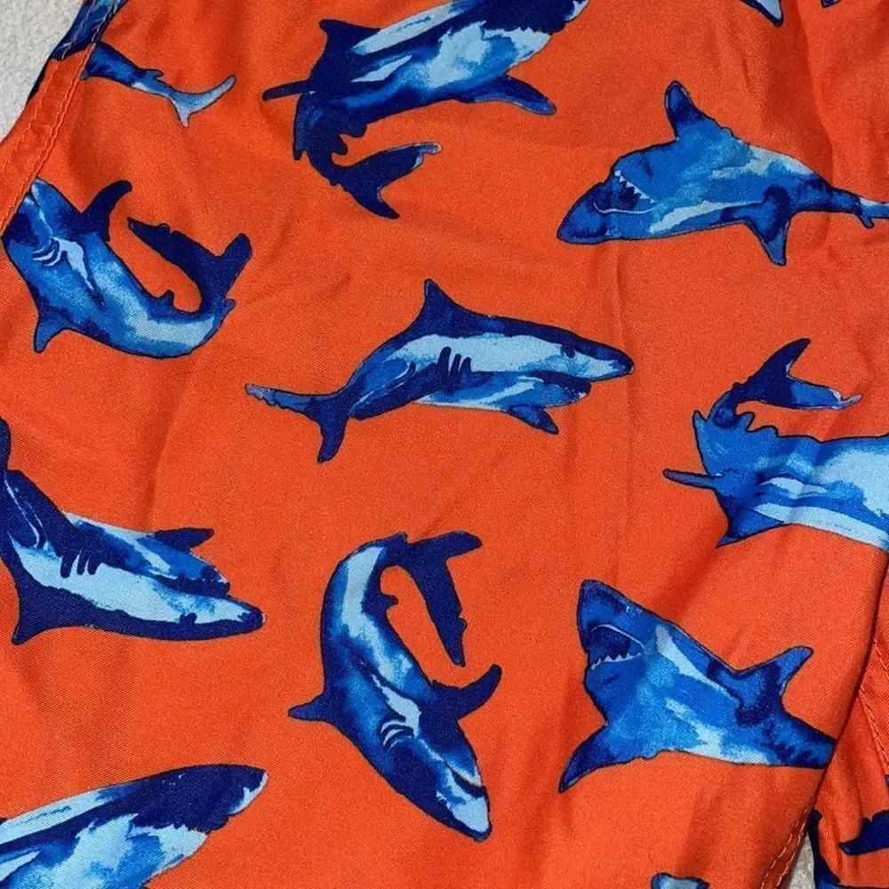 Lands’ End Boys Orange Swim Trunks w/Blue Dolphins & Elastic Waist (Size: Boys M